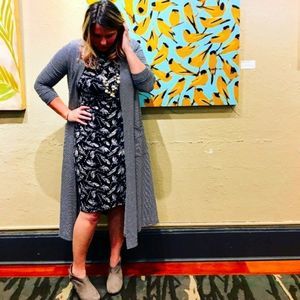 LULAROE JULIA DRESS GRAY DOTS FEATHER ON BLACK